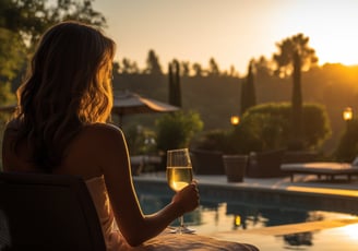 a woman sitting on a chair in front of a pool