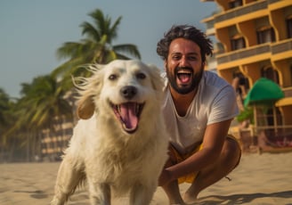 a man with his dog on a beach hotel in Mumbai