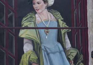 Trompe-l'oeil peint: une fenêtre ouverte sur une femme en costume d'époque. Château de Maisod (39).