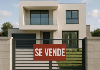 Chalet moderno en venta con cartel "Se vende" en la verja frontal