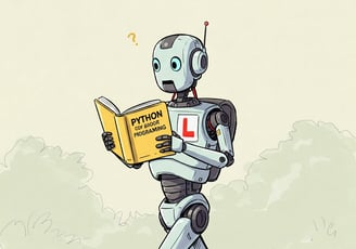 Robot hojeando un libro de Python sin entenderlo. Lleva una L de prácticas.