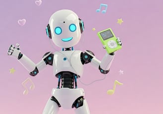 Robot humanoide bailando con un MP3 en la mano.