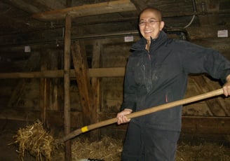 Zayera cleaning the cow stable in Switzerland