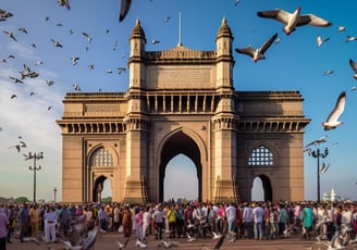 a large group of people standing around a large arch