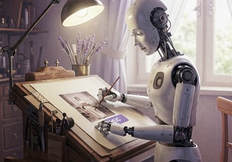 Robot humanoide reproduciendo una foto HEIC sobre una mesa de dibujo.