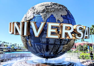 The iconic Universal globe fountain outside of Universal Studios Florida