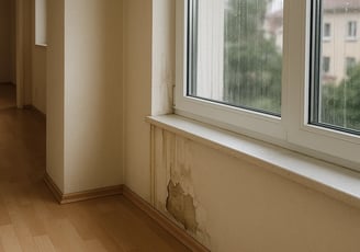  Interior de vivienda con humedad en la pared bajo una ventana.