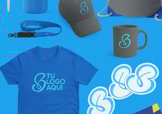 Artículos promocionales como camisetas, gorras y stickers personalizados