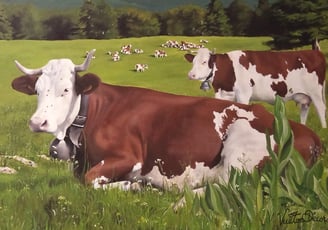 Détail d'une peinture murale: Un paysage jurassien avec des vaches qui paissent. Orgelet, Jura (39).