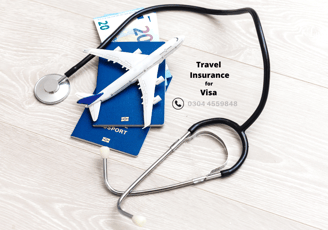 a stethoscope with a passport and travel documents