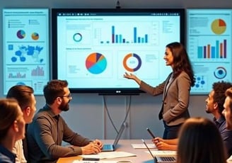 Gestores em reunião usando o Power BI