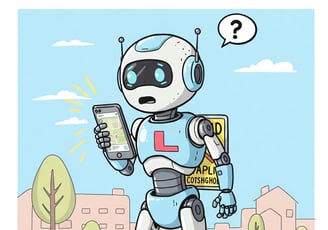 Robot mirando un smartphone al revés sin entenderlo. Lleva una L de prácticas.