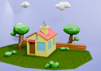 Low Poly House Game Ready 3D model, optimized for performance in FBX, OBJ, and Blender formats, perfect for game development.