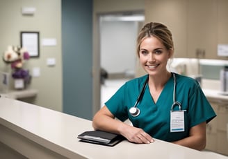 woman in scrubs at a reception desk in a hospital