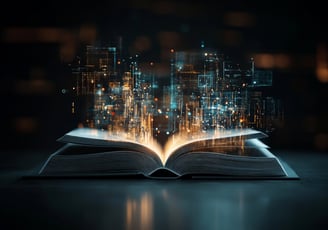 A book open with digital messaging coming through. Showing frameworks and value