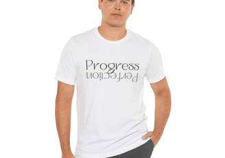 a man in a white shirt with the words progress is not enough for you