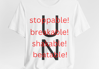 a white t - shirt with a black and red text that says, stop and