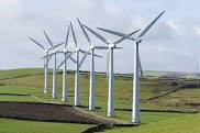 a row of wind turbines in a field