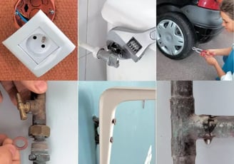 a collage of pictures of a person fixing a plugged in a wall