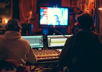 two men sitting at a recording studio desk with a television and a television