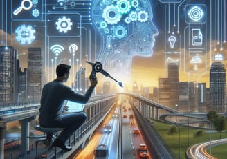 a man sitting on a bench with a laptop and a laptop working on AI implementation