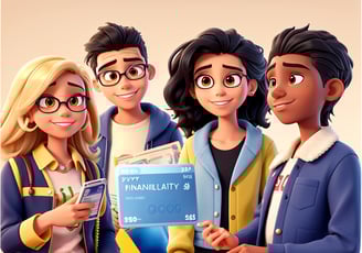 group of young people around credit cards