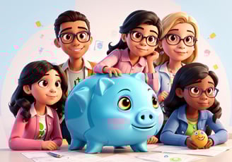 group of young people around a piggy bank