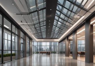 a luxury office building with a glass ceiling with a city skyline visible through the glass