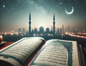 quran on a table with a view on the sky and quranic scripture