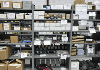 Our stock of Wind and Solar parts on a shelf