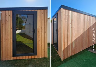Abri de jardin contemporain isolé, avec porte batiment, bardage faux claire-voie en bois Douglas et toit bac acier