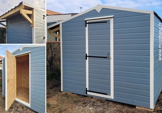 abri de jardin, plancher inclus, en bardage fibre de bois coloré et parois intérieur en OSB3, toiture bac acier