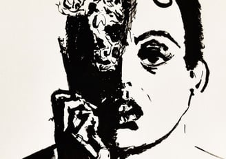 a black and white drawing of a woman's face