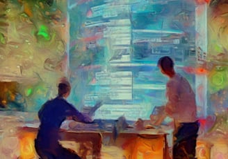 Two people collaborating in front of a large screen