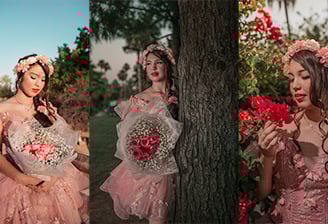 a woman in a pink dress and a flower crown princess