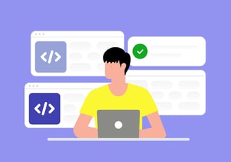 Junger Entwickler arbeitet konzentriert an einem Projekt. Er ist von mehreren Browserfenstern mit Code umgeben, eines davon z