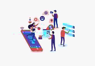 Illustration von vier Personen, die soziale Medien und digitale Inhalte nutzen. 