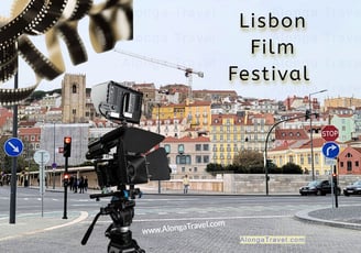 Hilltop houses in Lisbon, a black/gold film reel & a custom sign; 'Lisbon Film Festival'