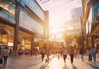 a group of people walking through a shopping mall in Central Hong Kong