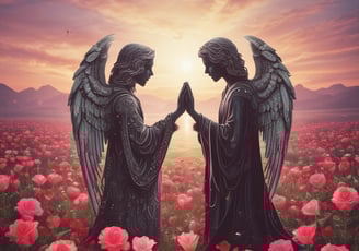 two angels in a field of flowers