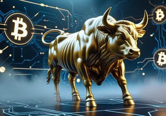 Touro dourado em ambiente tecnológico futurista, cercado por gráficos de Bitcoin, luzes em tons azul