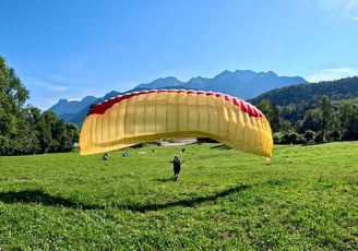 a person parasailing in the grass