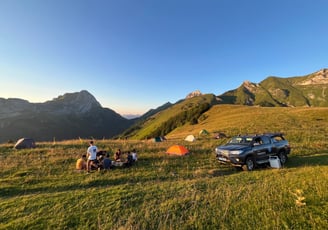 a truck parked in a grassy field with people sitting around