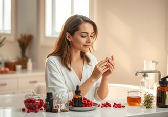 Well-lit bathroom scene with a woman gently applying a homemade goji berry face cream.