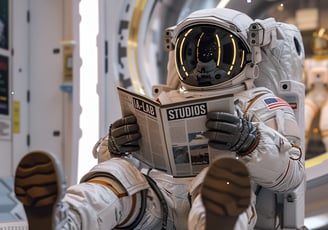 alt="un astronauta sentado en el baño leyendo la revista IA LAB Studio">