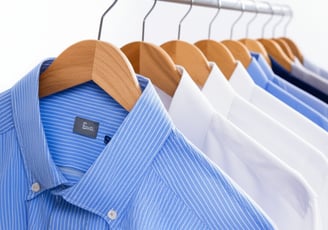 A row of neatly pressed men's shirts on wooden hangers.