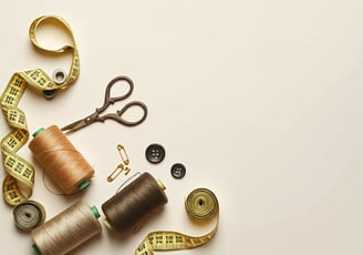 Sewing supplies including different colored spools of thread, sewing scissors, fabric pins, buttons, a measuring tape, and sa