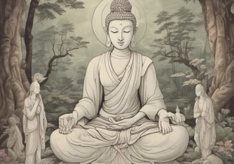 a buddha statue sitting in a tree with a bird on it