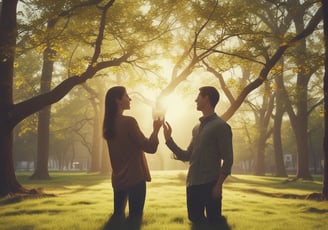 a man and woman standing in a park