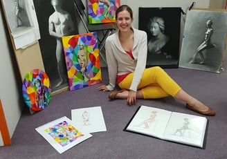 Artist Tanja Hassel with end of term display at London Atelier of Representational Art